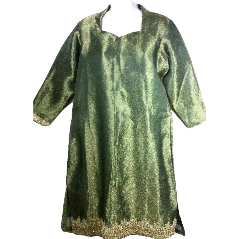 Kurti Tunic Top Medium Kaftan Blouse Shirt Embellished Beaded Green Gold Cool